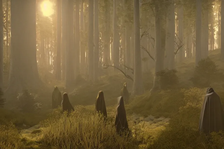 Prompt: procession of mysterious hooded figures in a forest clearing| richly embroidered velvet cloaks| tall trees| dramatic atmospheric lighting | Evelyn De Morgan and Maxfield Parrish |featured on Artstation |unreal engine