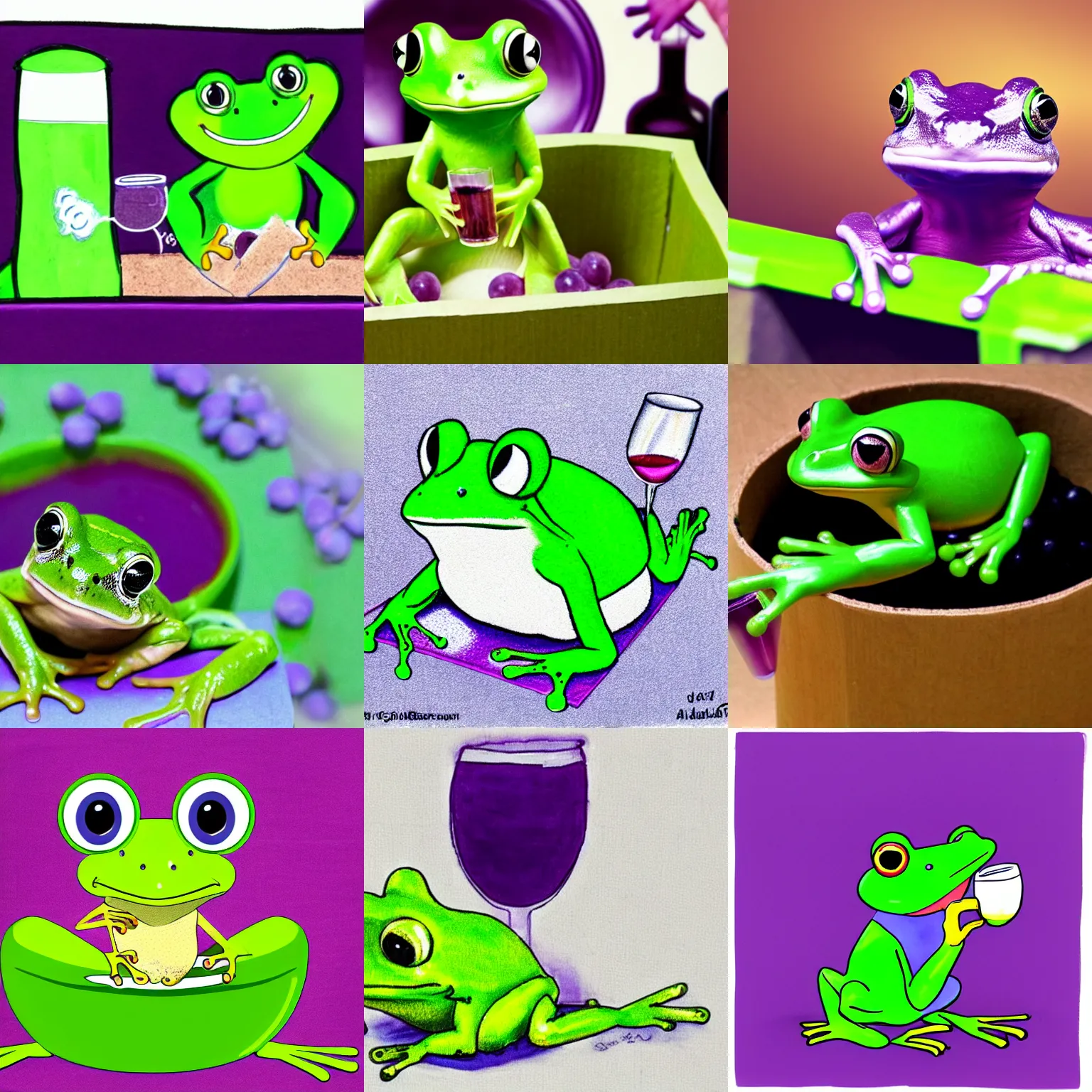 Prompt: a cute green frog drinking from a box of purple grapejuice