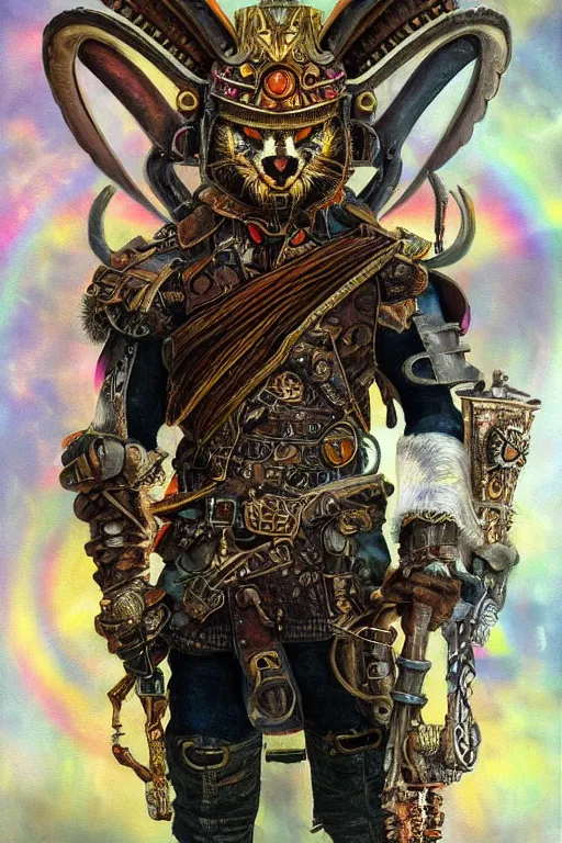 Image similar to ultra realist soft painting of a steampunk rabbit berserker warrior, very intricate details, rainbow lighting, symmetry features