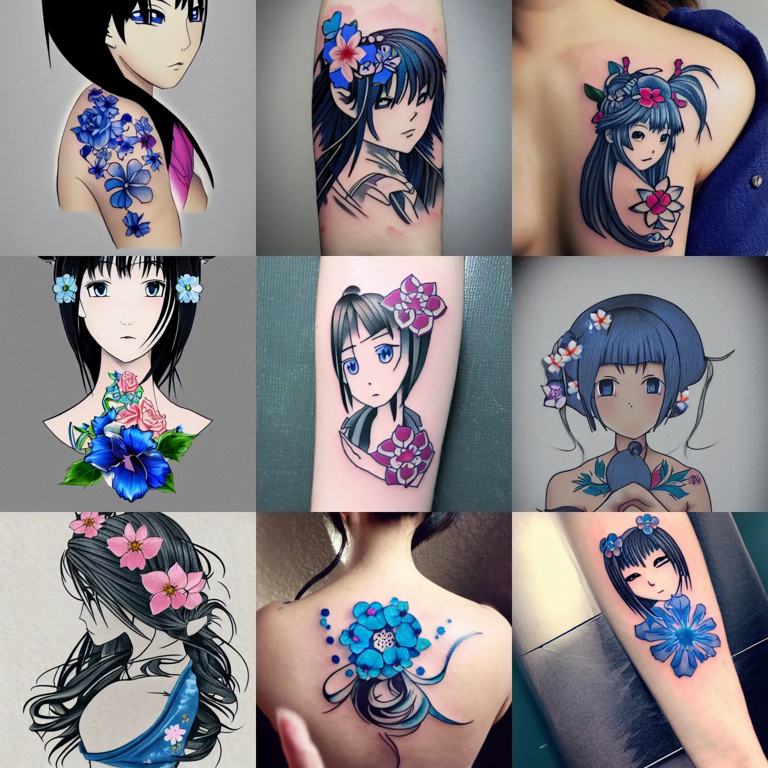 Prompt: catroon die cut tattoo of japaneese anime woman with blue flower in her hair with white border on gray background