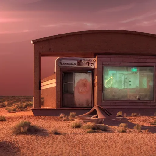 Prompt: abandoned diner in the desert by jon mccoy, sunset, cinematic, cinematic lighting, photorealistic, hyperdetailed 3 d matte painting, iridescent, deviantart, trending on artstation, concept art