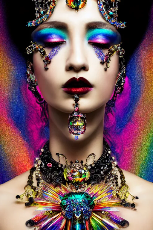 Image similar to a singular beautiful empress dramatic portrait, black hair, with a brilliant, impossible striking shiny big multi colored crystal headpiece, symmetrical, reflective surface, rainbow crystal clothes, rococo, baroque, jewels, asian, realistic, dramatic studio lighting, closeup, D&D, fantasy, intricate, elegant, highly detailed, digital painting, artstation, octane render, 8k, concept art, matte, sharp focus, illustration, art by Artgerm and Greg Rutkowski and Alphonse Mucha