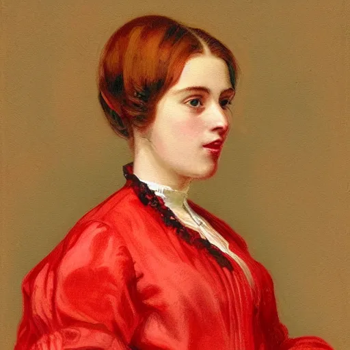 Prompt: portrait of female in red victorian dress, painting