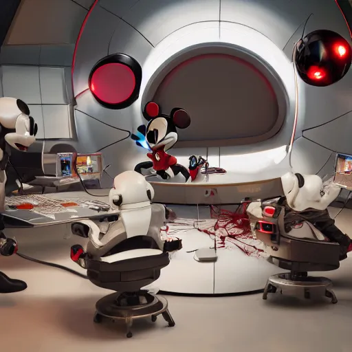 Image similar to a cybertronic mickey mouse being dissected by a group of network executives, on an operating table, octane render, cgstation, 3 d render, very detailed, mindblowing, blood and guts, gritty, cyberpunk