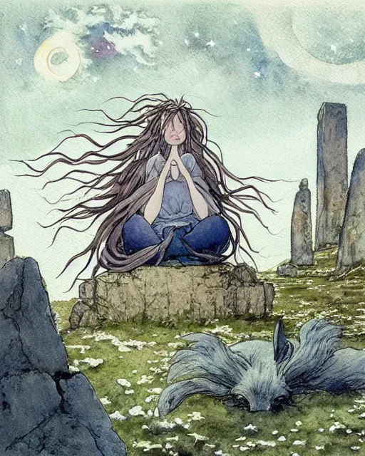 Image similar to a hyperrealist studio ghibli watercolor fantasy concept art of a giant long haired grey witch in lotus position sitting on top of stonehenge with a starry sky in the background. a ufo is in the sky. by rebecca guay, michael kaluta, charles vess