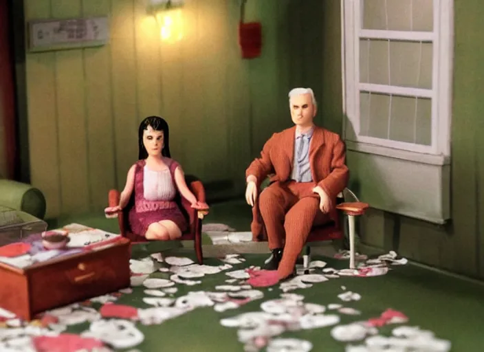 Prompt: Still frame from scene from the retro Twin Peaks made by doll miniatures diorama, directed by Nobuhiko Obayashi