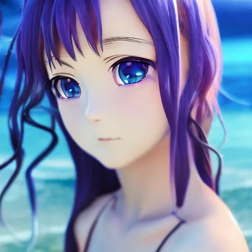 Prompt: render as a very beautiful 4d anime girl, long braided purple hair, azure blue eyes, full round face, short smile, casual clothes, serene beach setting, cinematic lightning, medium shot, mid-shot, highly detailed, trending on Artstation, Unreal Engine 4k, cinematic wallpaper