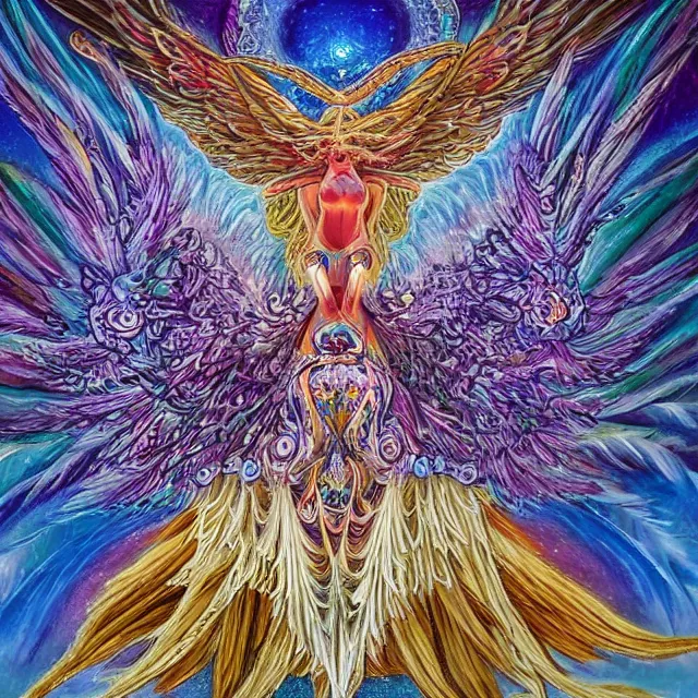 Prompt: angelic ophanim Lovecraftian celestial covered in eyes feathers and wings, oil painting award winning, chromatic aberration sharp colors, symmetrical geometry sublime angel be not afraid