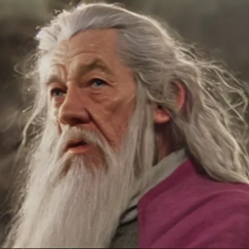 Image similar to portrait of gandalf, wearing a pink hairbow, holding a blank playing card up to the camera, movie still from the lord of the rings