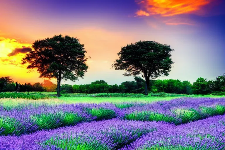 Image similar to beautiful scenery of a field of lavenders, one large tree, sunset, dramatic lighting