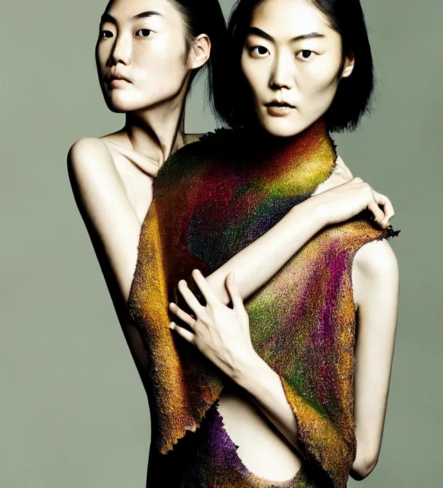 Image similar to photography facial portrait of liu wen, natural background, sensual lighting, natural fragile pose, wearing stunning cape by iris van herpen, with a colorfull makeup. highly detailed, skin grain detail, photography by paolo roversi, nick knight, helmut newton, avedon, araki
