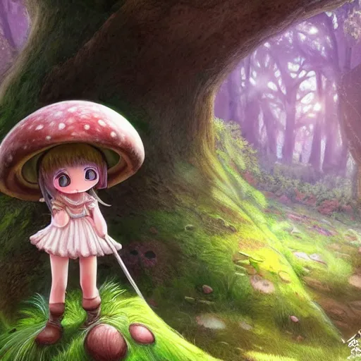 Image similar to cute little girl with a mushroom hat in dark forest, cute artwork, clean detailed, inspired in made in abyss, detailed background