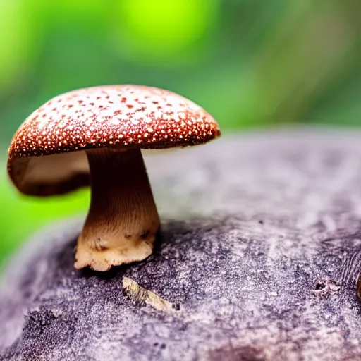 Prompt: macro photo with a mushroom character with cute eyes, natural colors, painted patterns and coloring on mushrooms, 8K, highly detailed