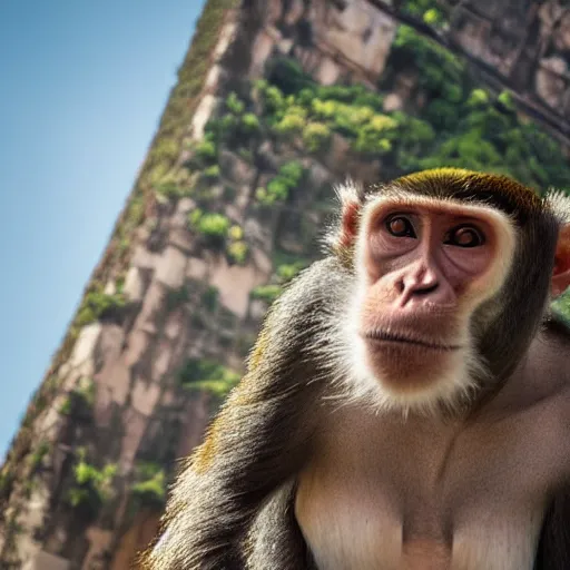 Image similar to high quality portrait of a monkey in front of Christ The Redeemer, studio photograph, photograph, realistic photo, 8k photo, 4k photo, stock photo, high resolution, cinematic shot, high detail