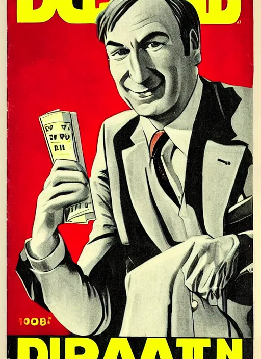 Image similar to portrait of bob odenkirk as saul goodman in the style of a detective book cover ace - high detective magazine 1 9 3 6, mad magazine, cover