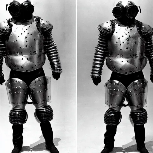 Image similar to a man wearing armor made of gasmasks, film still, arriflex 3 5