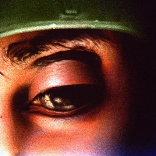 Image similar to film still, extreme far view, emma watson vietnam door gunner, film still from apocalypse now ( 1 9 7 9 ), 2 6 mm, kodak ektachrome, blue tint expired film,