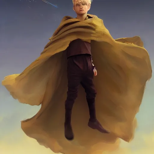 Prompt: blonde boy wearing a brown cape and flying in t pose, powerful, space background, oil painting, brush strokes, greg rutkowski