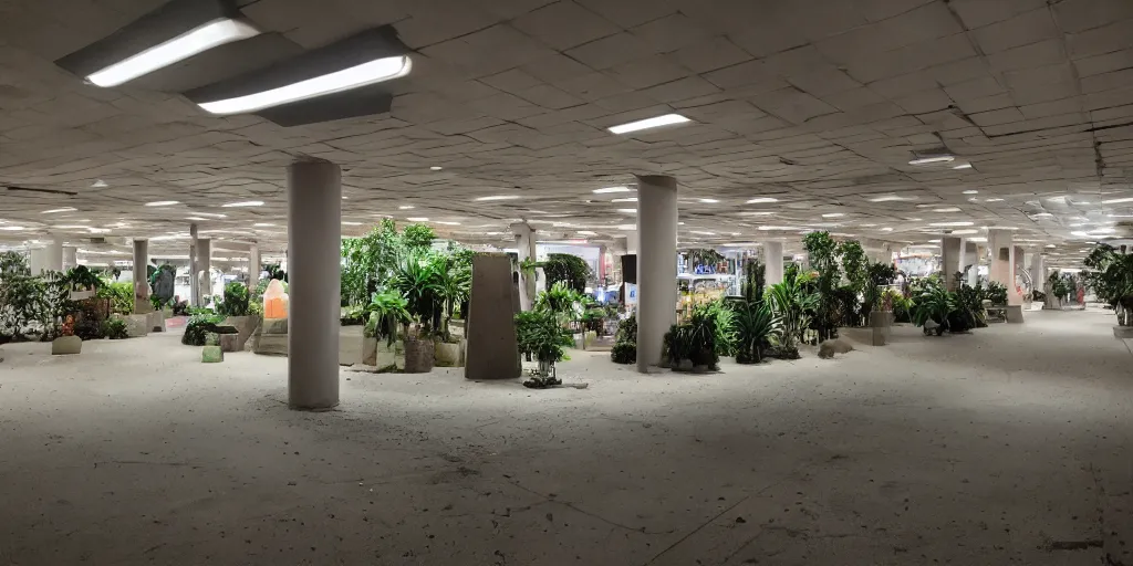 Prompt: a photograph of liminal space weird mall playground house hall way houseplants place with something but empty, interior, unsettling, normal place with weird feeling, liminal space aesthetic, dark scene with flash