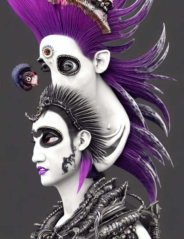 Image similar to 3 d goddess close - up profile portrait punk with mohawk in victorian style with ram skull. beautiful intricately detailed japanese crow kitsune mask and clasical japanese kimono. betta fish, jellyfish phoenix, bio luminescent, plasma, ice, water, wind, creature, artwork by tooth wu and wlop and beeple and greg rutkowski