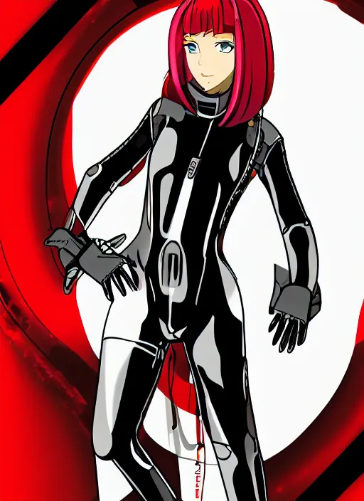 Image similar to Portrait of a female mech pilot in a black latex bodysuit, anime, cel-shaded, highly detailed, monotone, red highlights