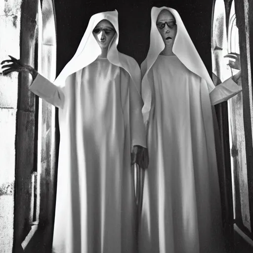 Prompt: award winning photo Floating twin nuns wearing translucent habits Very long arms, in a sanctuary, eerie, frightening —width 1024 —height 1024