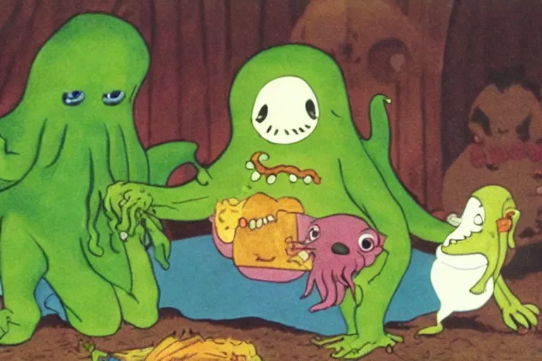 Prompt: full color frame from a 1972 kids show with Cthulhu and sad cheese puppet having a tickle picnic with furry ghost