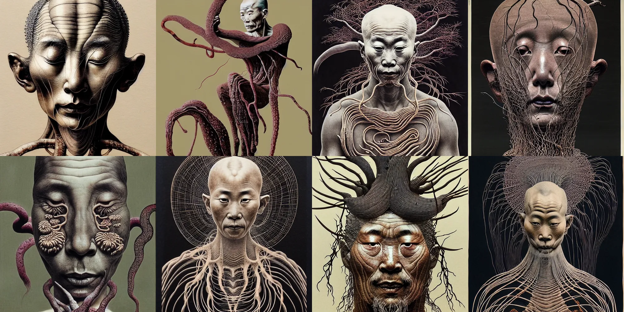 Prompt: ancient japanese monk, by kiki smith, by zdzisław beksinski, by wangechi mutu, concept art, third - person, traverse, bamboo, mushrooms, mycelium, mycena acicula, tremella - fuciformis, insanely detailed and intricate, hypermaximalist, elegant, ornate, hyper realistic, super detailed