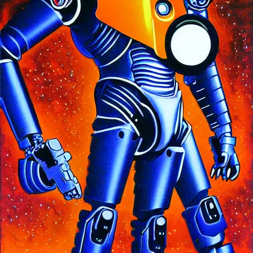 Image similar to futurist cyborg knight, perfect future, award winning art by alan bean, sharp color palette