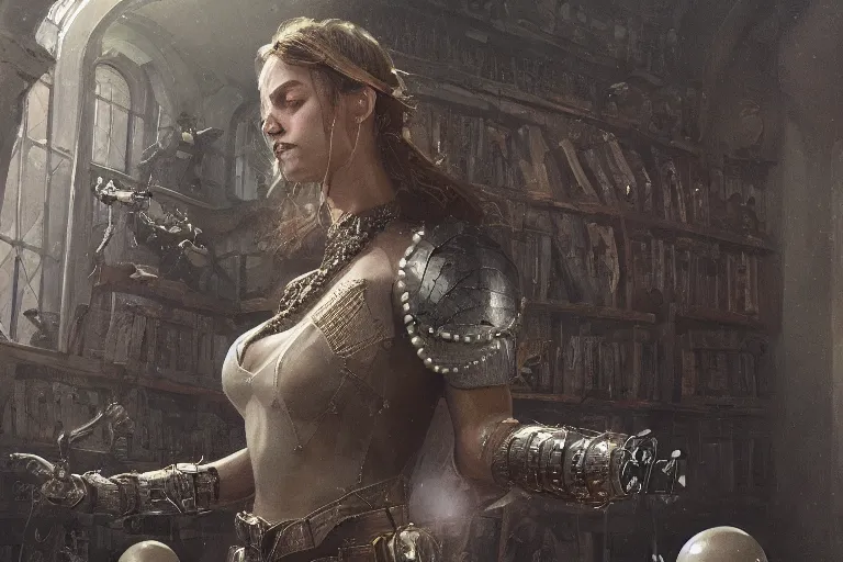 Prompt: in the armored library you feel like pearls fill your ancient heart ,digital art,photorealistoc,art by greg rutkowski,hyperdetailed,western comic style,comic,comic style,sharp lineart,professional lighting,deviantart,artstation,trevor henderson,rossdtaws,cinematic,dramatic