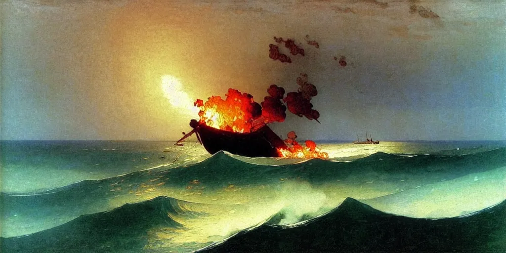 Image similar to “ ( ( ( ( ( boat on fire in rough ocean waves ) ) ) ) ) painted by caspar david friedrich and ivan aivazovsky and winslow homer!!!!!!!!!! ”