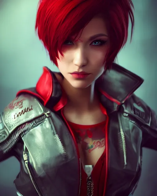 Image similar to a girl with short red hair, cool, vi from arcane, league of legends, fighter, cool red jacket, tattoo, beautiful, 3 d, potrait, art staion, studio light, closeup shot, octane render, wlop