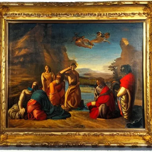 Prompt: biblical scene with robots, oil on canvas by cosimo tura