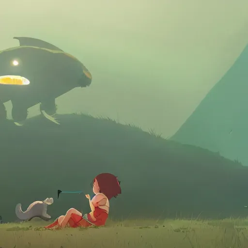 Image similar to a tyrannosaurus eating a baby harp seal, in a tropical alien world, atey ghailan, goro fujita, studio ghibli, scary lighting, clear focus, very coherent