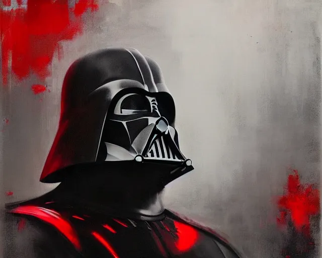 Image similar to portrait of darth vader in shades of grey but with red by jeremy mann