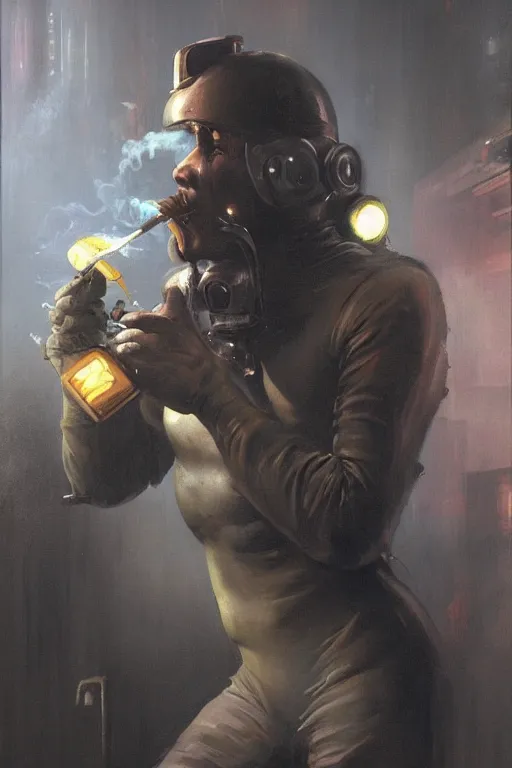 Image similar to An android smoking a cigar in a cyberpunk setting, by Frank Frazetta, Trending on Artstation, highly detailed,