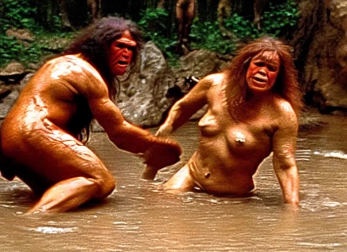 Prompt: a homo sapien cavewoman oil wrestling with a neanderthal cavewoman, movie still photograph taken by richard kern, from the movie clan of the cave bear, 8 k, realistic