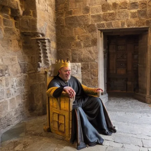 Prompt: medieval king inside castle takes a poop on his throne with people watching