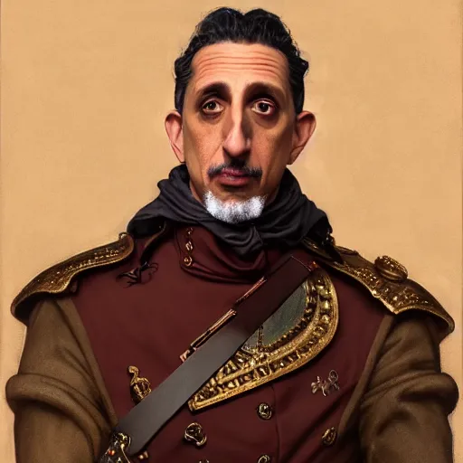 Image similar to full portrait of john turturro as colonel wednesday bologna, fantasy, d & d, intricate, detailed, by by alphonse mucha, adolfo hohenstein, alice russell glenny, stanley artgerm lau, greg rutkowski, detailed, trending on artstation, trending on artstation, smooth