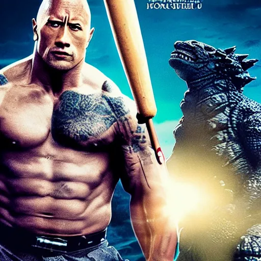 Prompt: movie poster of dwayne johnson with a baseball bat fighting godzilla outside a space station
