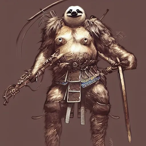 Image similar to graphic, hyperreal illustration of anthropomorphic sloth in traditional samurai armor : : digital art, concept art, character development : : illustrated by artgerm, yoji shinkawa, scott buoncristiano, nychos