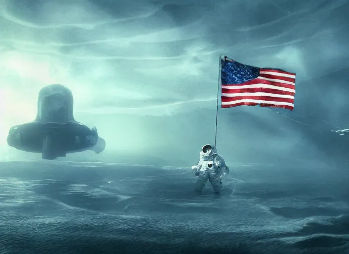 Image similar to astronaut holding a flag in an underwater desert. a submarine is visible in the distance. dark, concept art, cinematic, dramatic, atmospheric, 8 k, trending on artstation, blue, fish, low visibility, light rays, extremely coherent, bubbles, fog, ocean floor, christopher nolan, interstellar