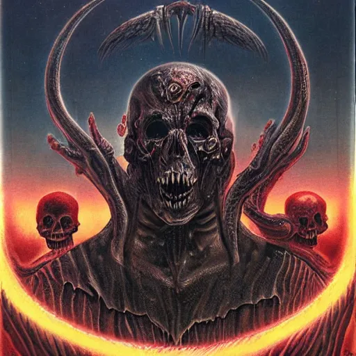 Prompt: a death metal album cover art depicting benjamin netanyahu as a hellish overlord, by wayne barlowe