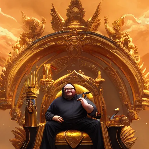 Prompt: a beautiful painting of Gabe Newell, sitting on golden throne, divine, proud look, full body, sharp focus, fantasy style, octane render, volumetric lighting, 8k high definition, by greg rutkowski, highly detailed, trending on art Station, magic the gathering artwork, woodland backround