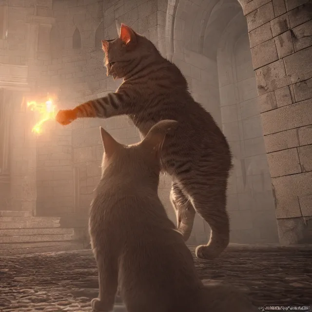 Image similar to a cat boss in dark souls, volumetric, realistic, cinematic lighting, ray tracing, unreal engine 5, unreal engine render, octane render, hyper realistic, photo, 8 k