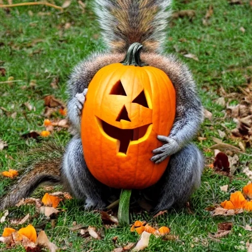 Prompt: squirrel with pumpkin instead of a head