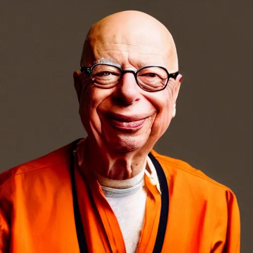 Image similar to UHD candid photo of Klaus Schwab wearing an orange jumpsuit, in shackles, wearing extremely accurate clown makeup, accurate face, UHD, photorealistic, correct face, photo by Annie Leibowitz