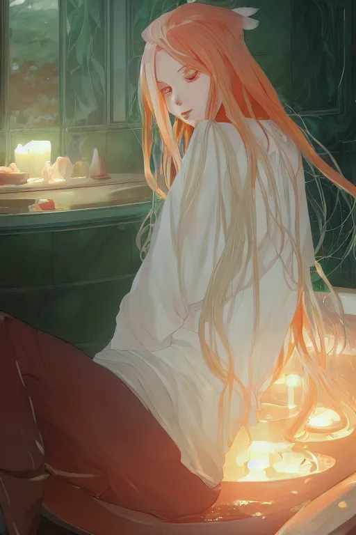 Prompt: a girl with long white hair lying in a bathroom bath at afternoon, green and orange theme, s line, 4 5 angel by krenz cushart and mucha and makoto shinkai and akihito yoshida and greg rutkowski, 4 k resolution