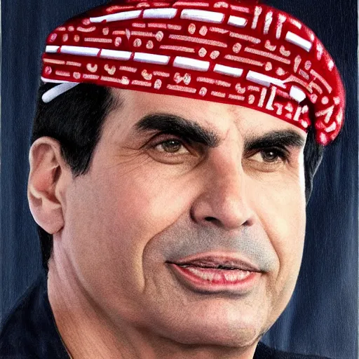 Prompt: head and shoulders portrait of jair bolsonaro as an arab sheikh wearing red and white chess - style shemagh on his head, photorealistic