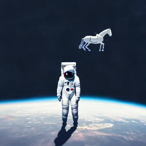 Image similar to an astronaut standing on the ground and a small trippy aggressive centaur standing on that poor little human standing on all fours astronaut, trying to ride it, the minimalistic lonely horse is on his shoulders, minimalist style, 3 d render, isometry